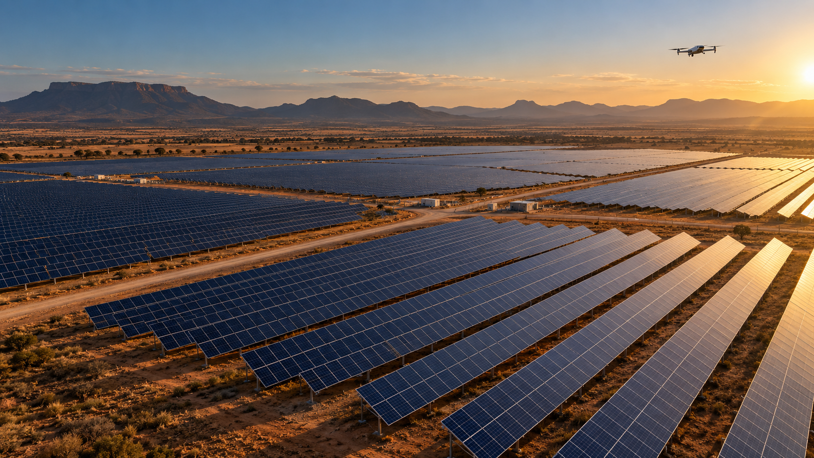 Aerial view of a utility-scale solar farm at sunset